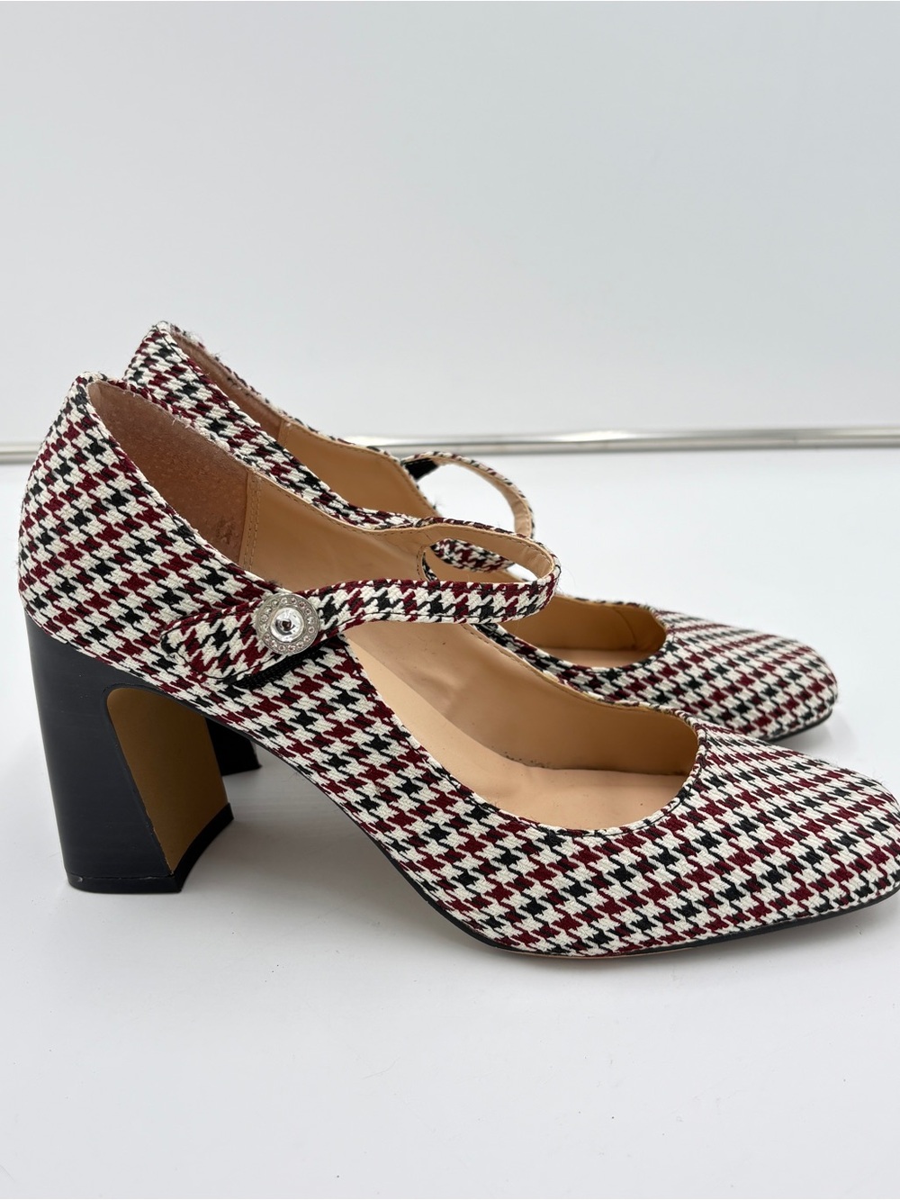 Adrienne Vittadini Pico Red White Black Houndstooth Mary Jane Pumps Heels Sz 7.5